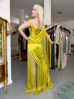 2018 Ralph & Russo Haute Couture Chartreuse Silk Satin Asymmetric Crystal Fringed Gown