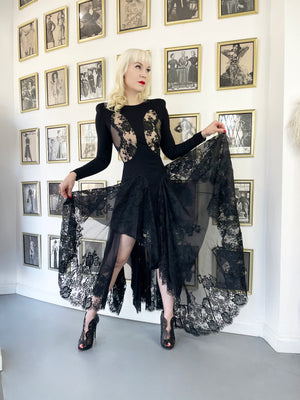 2010 Alexander McQueen Lifetime Black Crepe & Sheer Illusion Lace High-Low Gown