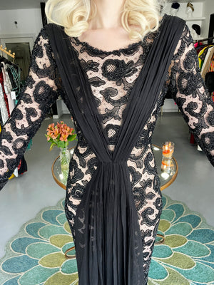 1998 Hanae Mori Haute Couture Beaded Sheer Lace & Chiffon Hourglass Gown