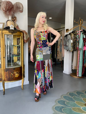 1993 Dolce & Gabbana Documented Colorful Patchwork Silk Hourglass Flounce Gown
