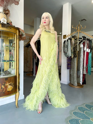 1968 Christian Dior Haute Couture Maria Felix Owned Chartreuse Silk Feather Gown