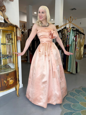 1958 Christian Dior by Yves Saint Laurent Documented Blush-Pink Silk Strapless Corset Gown