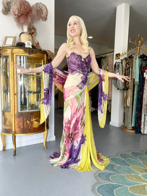 2005 Roberto Cavalli Large-Scale Floral Silk Bustier High-Slit Gown & Shawl