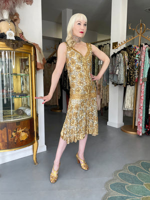 1920's French Couture Metallic Gold Beaded Sequin Cotton-Net Flapper Dress