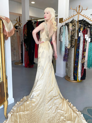1930's Beaded Rhinestone Candlelight Silk Trained Old Hollywood Gown