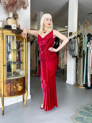 2006 Christian Dior by Galliano Ruby Red Velvet Asymmetric Draped Bias-Cut Gown