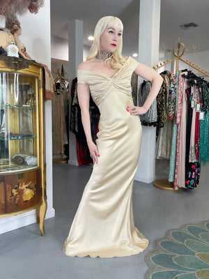 2007 John Galliano Champagne Silk Satin Off-Shoulder Bustier Bias-Cut Gown w/Tags