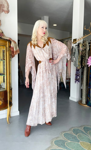 1971 Giorgio Sant' Angelo Watercolor Chiffon & Suede Angel-Sleeve Wrap Dress