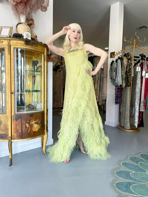 1968 Christian Dior Haute Couture Maria Felix Owned Chartreuse Silk Feather Gown