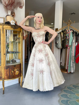 1950's Beaded Embroidered Cream & Pale Pink Satin Strapless Couture Ballgown