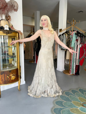 1932 Worth Couture for Elizabeth Arden Sequin Ivory Seashell Motif Lace Gown