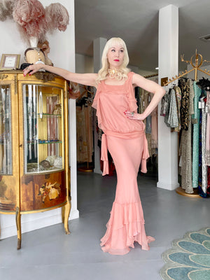 2008 John Galliano Pale Pink Semi-Sheer Silk Draped Ruffle Bias-Cut Gown