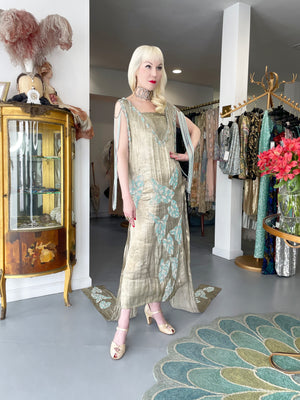 1920’s French Couture Metallic Gold Lamé Beaded Leaf-Motif Trained Evening Dress