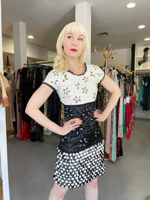 2011 Chanel by Karl Lagerfeld Runway Sample Black & White Beaded Sequin Lace Dress