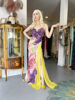 2005 Roberto Cavalli Large-Scale Floral Silk Bustier High-Slit Gown & Shawl