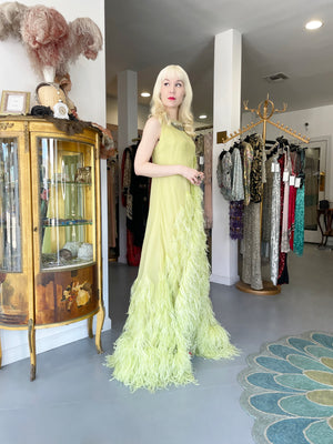 1968 Christian Dior Haute Couture Maria Felix Owned Chartreuse Silk Feather Gown