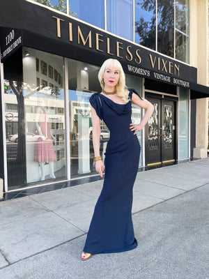 1998 Christian Dior by John Galliano Navy Blue Silk Draped Bias-Cut Evening Gown