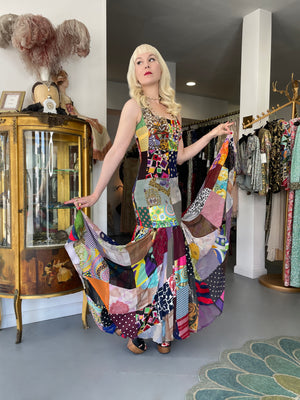 1993 Dolce & Gabbana Documented Colorful Patchwork Silk Hourglass Flounce Gown