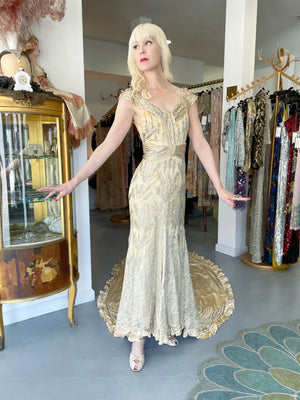 1930's Beaded Rhinestone Candlelight Silk Trained Old Hollywood Gown