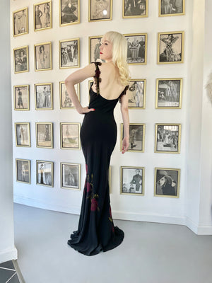 2001 John Galliano Red Chrysanthemum Floral Appliqué Black Silk Chiffon Bias-Cut Gown