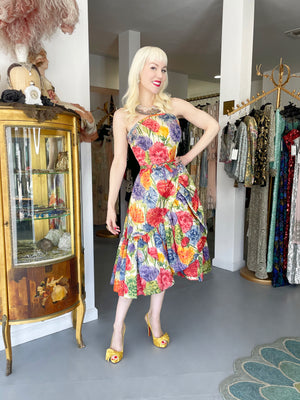 1958 Arnold Scaasi Couture Colorful Floral Silk Strapless Dress & Swing Jacket