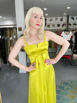 2005 Valentino Runway Chartreuse Yellow Silk Shelf-Bust Bustier High Slit Gown