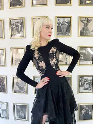 2010 Alexander McQueen Lifetime Black Crepe & Sheer Illusion Lace High-Low Gown