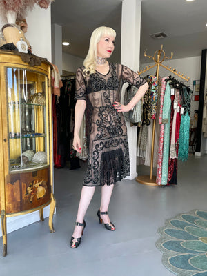 1920's Embroidered Black Sheer Mixed-Lace Beaded Art Deco Motif Dress