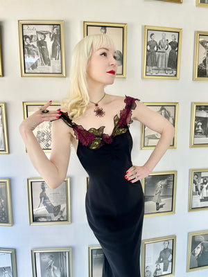 2001 John Galliano Red Chrysanthemum Floral Appliqué Black Silk Chiffon Bias-Cut Gown