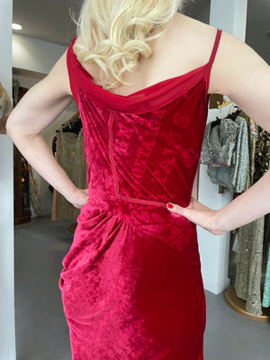2006 Christian Dior by Galliano Ruby Red Velvet Asymmetric Draped Bias-Cut Gown