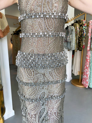 2012 Chanel by Karl Lagerfeld Runway Crystal Beaded Sheer Silver & Gold Lace Dress