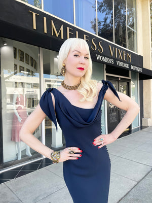 1998 Christian Dior by John Galliano Navy Blue Silk Draped Bias-Cut Evening Gown