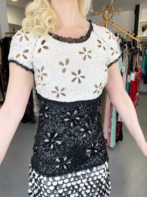 2011 Chanel by Karl Lagerfeld Runway Sample Black & White Beaded Sequin Lace Dress