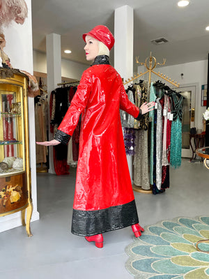 1969 Pierre Cardin Documented Red & Black Vinyl Space-Age Mod Maxi Coat