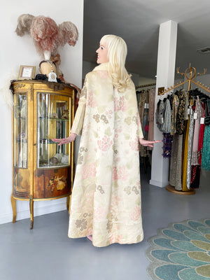 1965 Nina Ricci Haute Couture Documented Pink Silk-Brocade & Mink Fur Maxi Coat