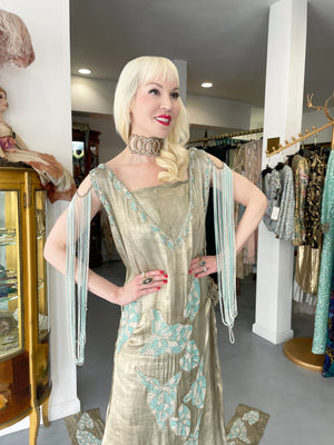 1920’s French Couture Metallic Gold Lamé Beaded Leaf-Motif Trained Evening Dress