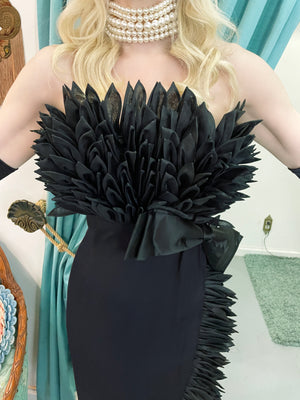 1959 Hall Ludlow Couture Museum-Held Black Silk Appliquéd Petals Hourglass Gown