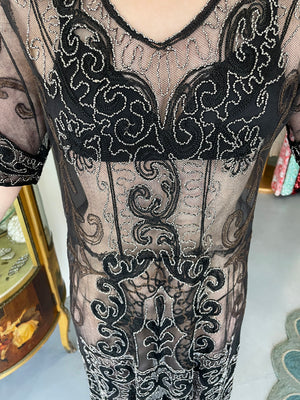 1920's Embroidered Black Sheer Mixed-Lace Beaded Art Deco Motif Dress