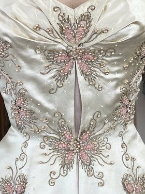 1950's Beaded Embroidered Cream & Pale Pink Satin Strapless Couture Ballgown