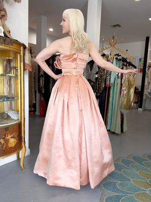 1958 Christian Dior by Yves Saint Laurent Documented Blush-Pink Silk Strapless Corset Gown