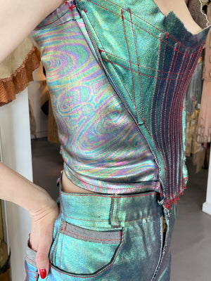 1993 Vivienne Westwood Runway Metallic Foiled Denim Corset Bustier & Matching Pants