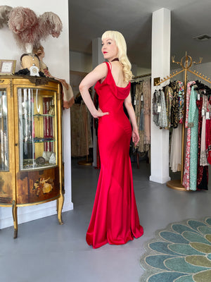 1994 John Galliano Ruby Red Off Shoulder Bias-Cut Gown Worn by Raquel Welch