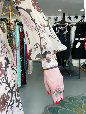 1972 Emilio Pucci Grapevine Motif Sheer Silk Organza Billow-Sleeve Maxi Dress
