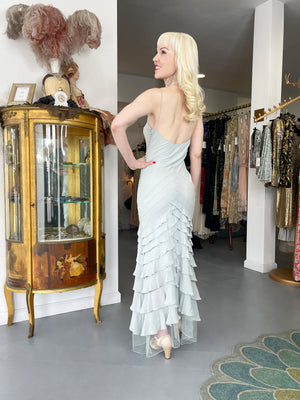 2004 Christian Dior by John Galliano Ethereal Ice Blue Silk & Tulle Tiered Bias-Cut Gown