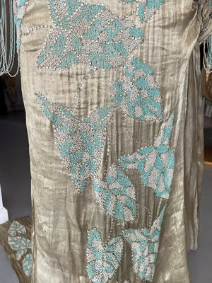 1920’s French Couture Metallic Gold Lamé Beaded Leaf-Motif Trained Evening Dress