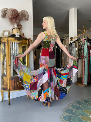 1993 Dolce & Gabbana Documented Colorful Patchwork Silk Hourglass Flounce Gown