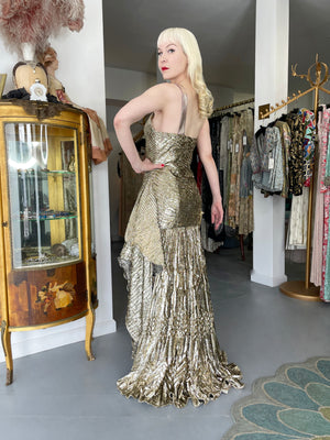 1994 Gianni Versace Couture Runway Metallic Gold Pleated Lamè High-Slit Gown