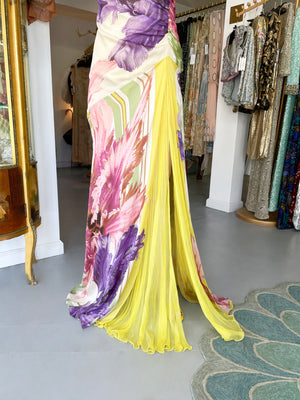 2005 Roberto Cavalli Large-Scale Floral Silk Bustier High-Slit Gown & Shawl