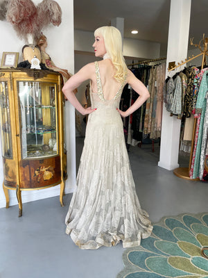 1932 Worth Couture for Elizabeth Arden Sequin Ivory Seashell Motif Lace Gown