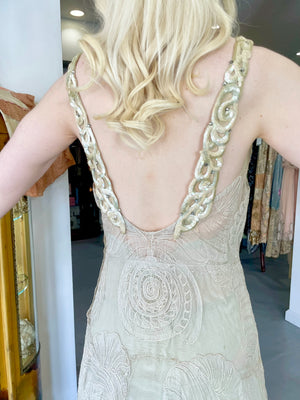 1932 Worth Couture for Elizabeth Arden Sequin Ivory Seashell Motif Lace Gown